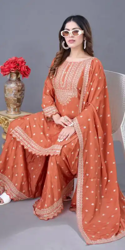 ZF 5006 Orange Color Chinon Silk Sequence Work Salwar Suit Casual, Wedding, Festive, Events . Expected Delivery  4-6 Working Days @2149/- only      | Designer Suits, Jump Suits, Casual Suits, Creative suits, Palazzo Suits, Party Wear Suits, Patiala Suits, Salwar suit, Straight Suits