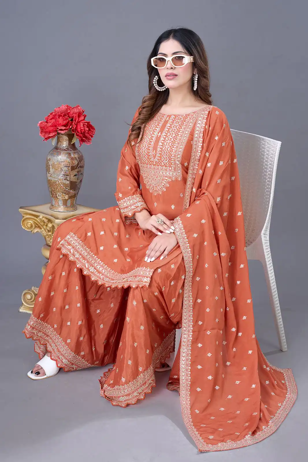 ZF 5006 Orange Color Chinon Silk Sequence Work Salwar Suit Casual, Wedding, Festive, Events . Expected Delivery  4-6 Working Days @2149/- only      | Designer Suits, Jump Suits, Casual Suits, Creative suits, Palazzo Suits, Party Wear Suits, Patiala Suits, Salwar suit, Straight Suits