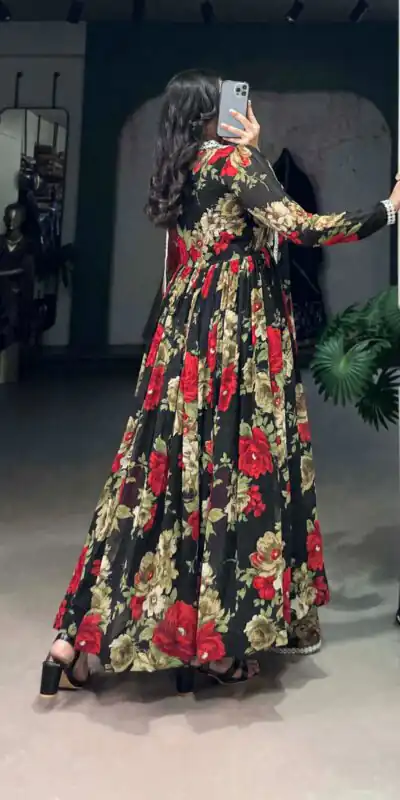 YNF 5040 Red Color Georgette Floral Printed Paper Mirror Lace Gown Casual, Wedding, Party, Festive, Events Etc. Expected Delivery 4-6 Working Days @1899/- | Bollywood Gowns, Creative Gowns, Designer Gowns, Embroidered Gowns, Gowns, Party Wear Gowns