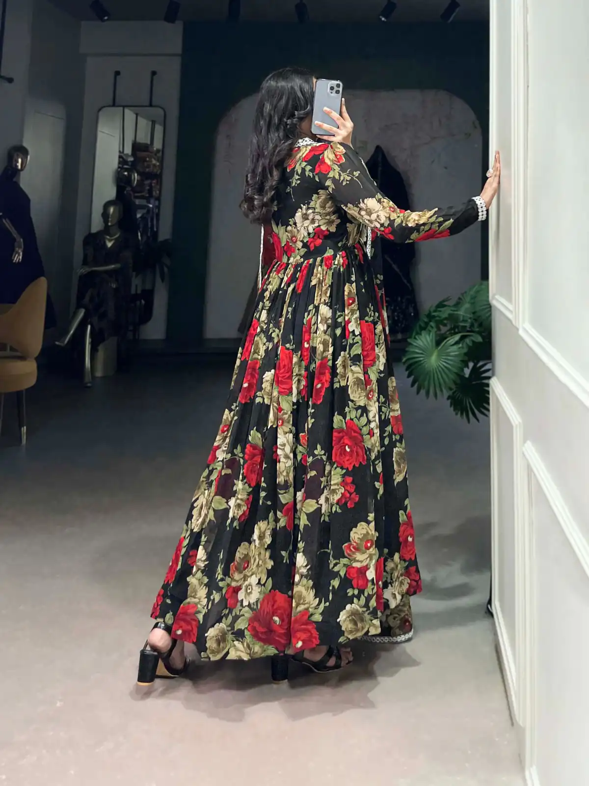 YNF 5040 Red Color Georgette Floral Printed Paper Mirror Lace Gown Casual, Wedding, Party, Festive, Events Etc. Expected Delivery 4-6 Working Days @1899/- | Bollywood Gowns, Creative Gowns, Designer Gowns, Embroidered Gowns, Gowns, Party Wear Gowns