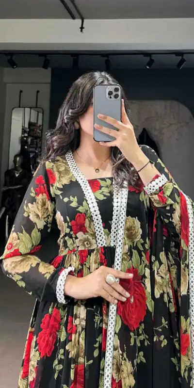 YNF 5040 Red Color Georgette Floral Printed Paper Mirror Lace Gown Casual, Wedding, Party, Festive, Events Etc. Expected Delivery 4-6 Working Days @1899/- | Bollywood Gowns, Creative Gowns, Designer Gowns, Embroidered Gowns, Gowns, Party Wear Gowns