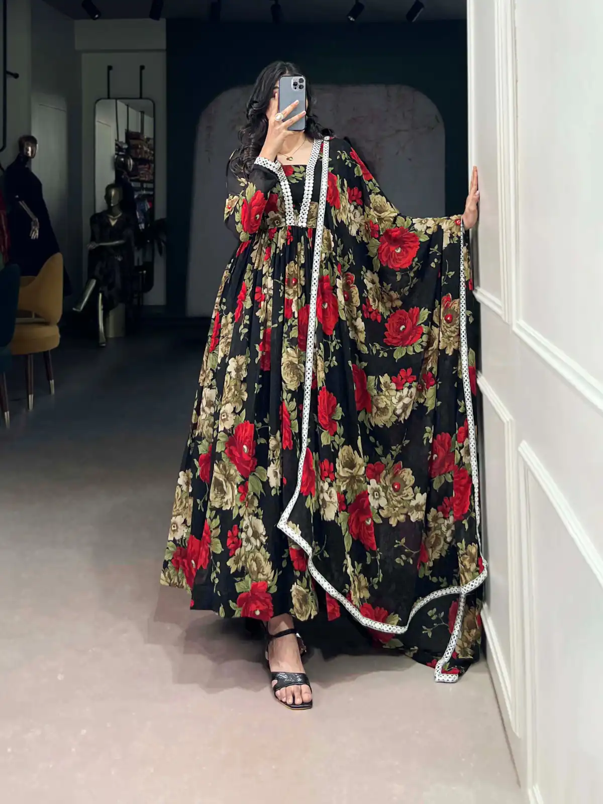 YNF 5040 Red Color Georgette Floral Printed Paper Mirror Lace Gown Casual, Wedding, Party, Festive, Events Etc. Expected Delivery 4-6 Working Days @1899/- | Bollywood Gowns, Creative Gowns, Designer Gowns, Embroidered Gowns, Gowns, Party Wear Gowns