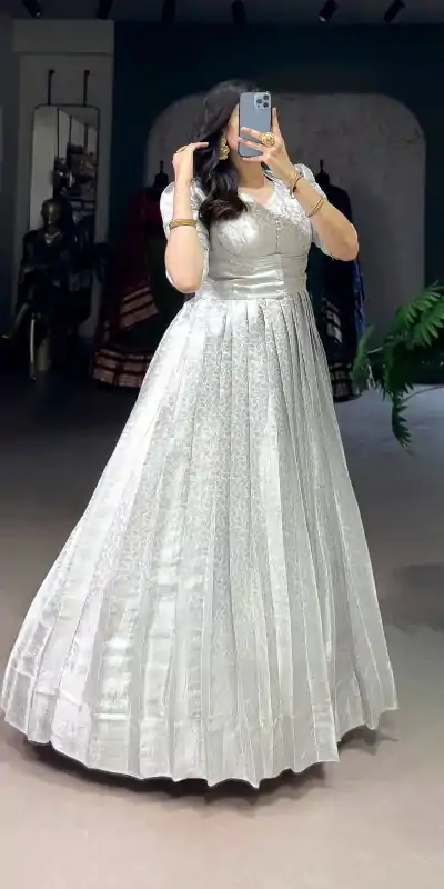 YNF 5321 White Color Kanjivaram Zari Weaving Work Gown Casual, Wedding, Festive, Events . Expected Delivery  4-6 Working Days @1999/- only      | Bollywood Gowns, Creative Gowns, Designer Gowns, Embroidered Gowns, Gowns, Party Wear Gowns