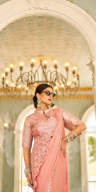 ST 1103 Peach Color Chinon Embroidery Work Lace Border Saree Casual, Wedding, Festive, Events . Expected Delivery  4-6 Working Days @2099/- only                                                                                                                                           | Bollywood Sarees, Creative Sarees, Designer Sarees, Embroidered Sarees, Ethnic Saree, Modern Digital sarees, Party Wear Sarees, Sarees