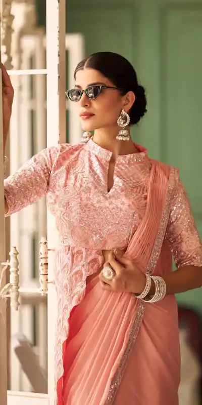 ST 1103 Peach Color Chinon Embroidery Work Lace Border Saree Casual, Wedding, Festive, Events . Expected Delivery  4-6 Working Days @2099/- only                                                                                                                                           | Bollywood Sarees, Creative Sarees, Designer Sarees, Embroidered Sarees, Ethnic Saree, Modern Digital sarees, Party Wear Sarees, Sarees