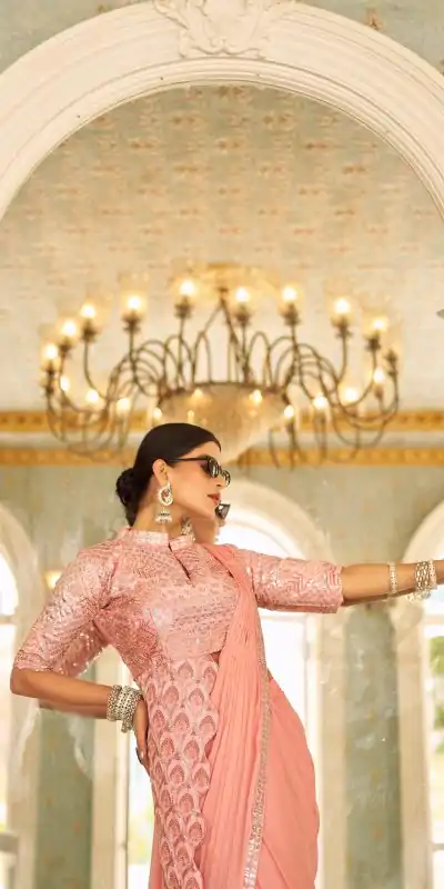 ST 1103 Peach Color Chinon Embroidery Work Lace Border Saree Casual, Wedding, Festive, Events . Expected Delivery  4-6 Working Days @2099/- only                                                                                                                                           | Bollywood Sarees, Creative Sarees, Designer Sarees, Embroidered Sarees, Ethnic Saree, Modern Digital sarees, Party Wear Sarees, Sarees