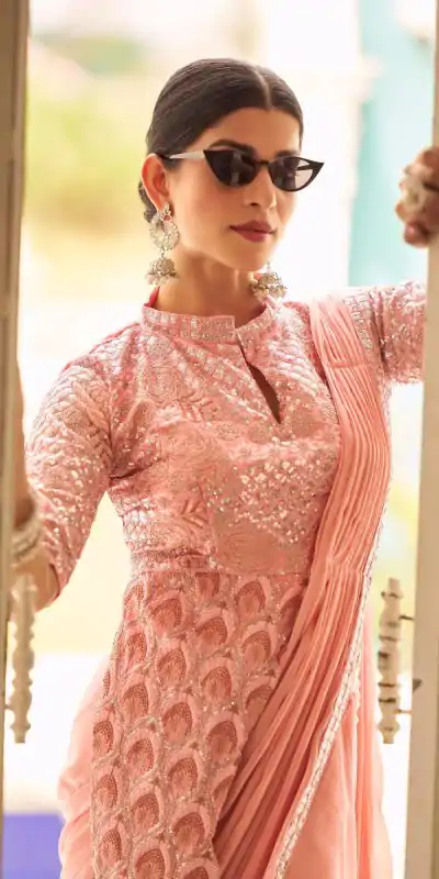 ST 1103 Peach Color Chinon Embroidery Work Lace Border Saree Casual, Wedding, Festive, Events . Expected Delivery  4-6 Working Days @2099/- only                                                                                                                                           | Bollywood Sarees, Creative Sarees, Designer Sarees, Embroidered Sarees, Ethnic Saree, Modern Digital sarees, Party Wear Sarees, Sarees