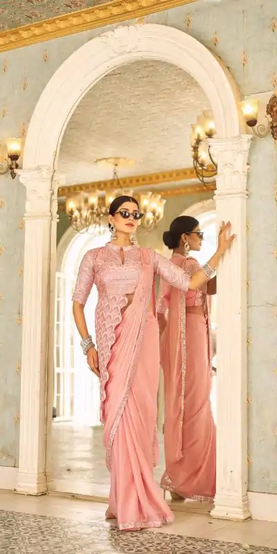 ST 1103 Peach Color Chinon Embroidery Work Lace Border Saree Casual, Wedding, Festive, Events . Expected Delivery  4-6 Working Days @2099/- only                                                                                                                                           | Bollywood Sarees, Creative Sarees, Designer Sarees, Embroidered Sarees, Ethnic Saree, Modern Digital sarees, Party Wear Sarees, Sarees