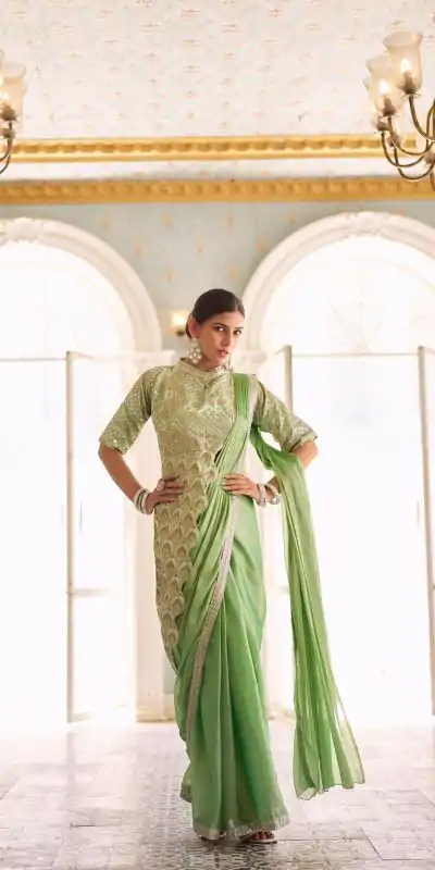 ST 1103 Pista Color Chinon Embroidery Work Lace Border Saree Casual, Wedding, Festive, Events . Expected Delivery  4-6 Working Days @2099/- only                                                                                                                                           | Bollywood Sarees, Creative Sarees, Designer Sarees, Embroidered Sarees, Ethnic Saree, Modern Digital sarees, Party Wear Sarees, Sarees