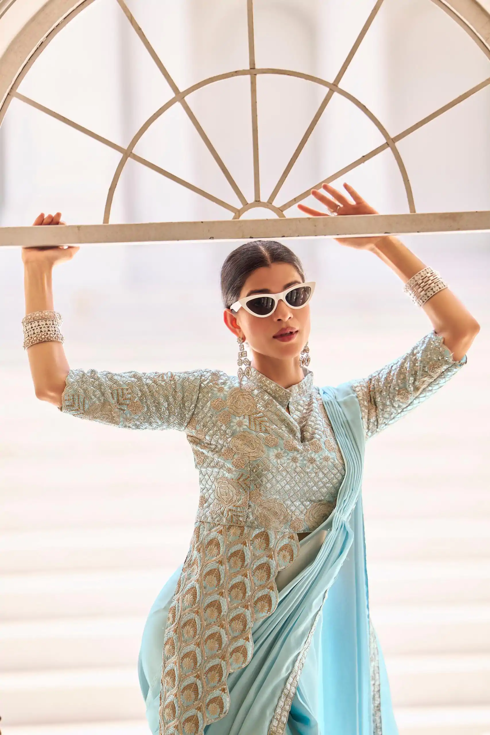 ST 1103 Sky Blue Color Chinon Embroidery Work Lace Border Saree Casual, Wedding, Festive, Events . Expected Delivery  4-6 Working Days @2099/- only                                                                                                                                           | Bollywood Sarees, Creative Sarees, Designer Sarees, Embroidered Sarees, Ethnic Saree, Modern Digital sarees, Party Wear Sarees, Sarees