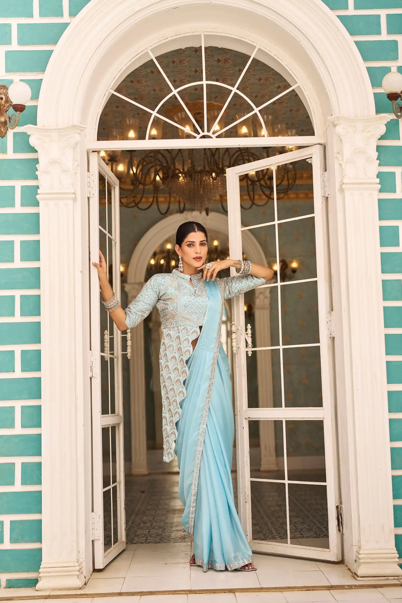 ST 1103 Sky Blue Color Chinon Embroidery Work Lace Border Saree Casual, Wedding, Festive, Events . Expected Delivery  4-6 Working Days @2099/- only                                                                                                                                           | Bollywood Sarees, Creative Sarees, Designer Sarees, Embroidered Sarees, Ethnic Saree, Modern Digital sarees, Party Wear Sarees, Sarees