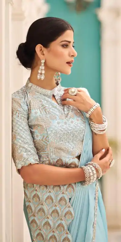 ST 1103 Sky Blue Color Chinon Embroidery Work Lace Border Saree Casual, Wedding, Festive, Events . Expected Delivery  4-6 Working Days @2099/- only                                                                                                                                           | Bollywood Sarees, Creative Sarees, Designer Sarees, Embroidered Sarees, Ethnic Saree, Modern Digital sarees, Party Wear Sarees, Sarees