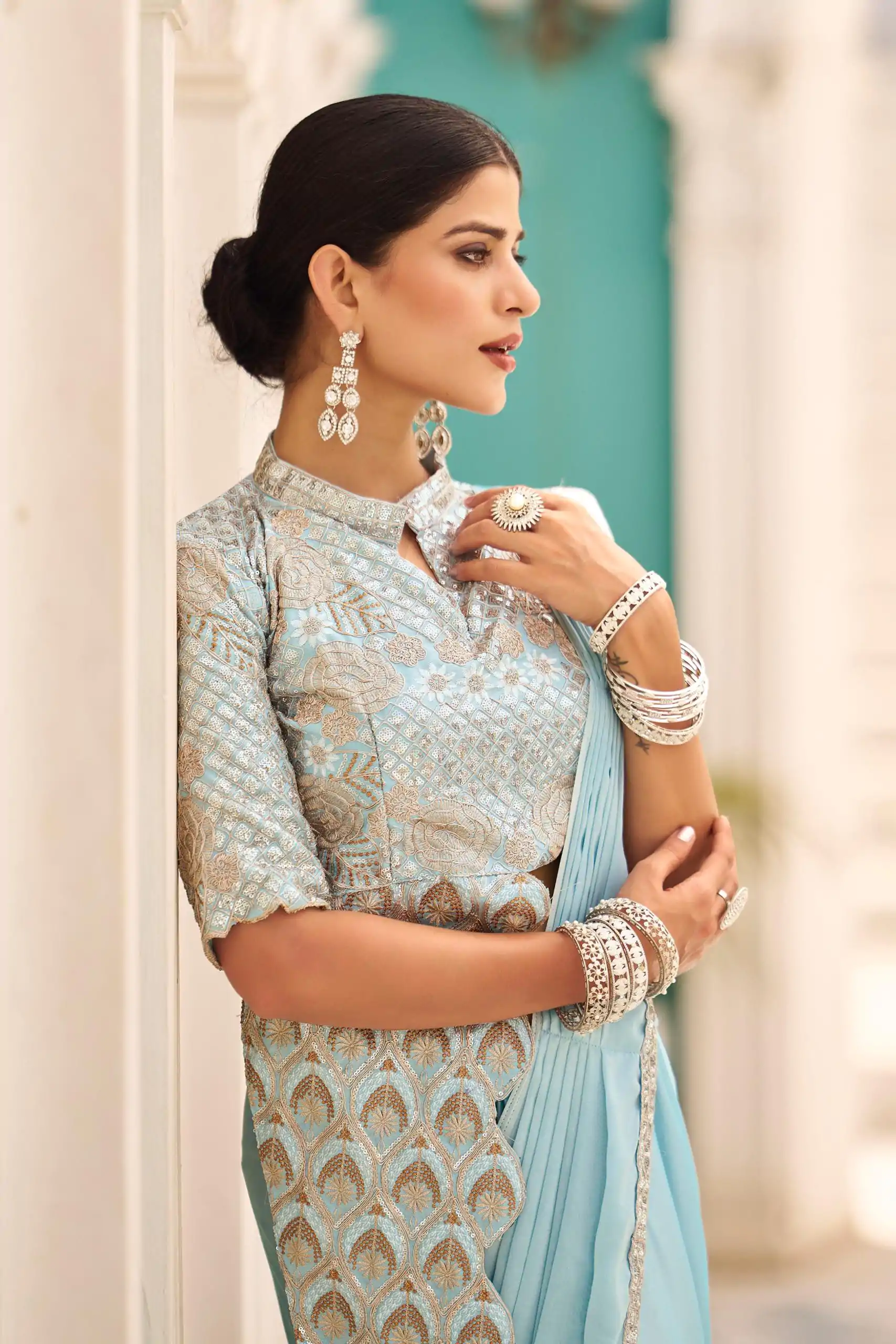 ST 1103 Sky Blue Color Chinon Embroidery Work Lace Border Saree Casual, Wedding, Festive, Events . Expected Delivery  4-6 Working Days @2099/- only                                                                                                                                           | Bollywood Sarees, Creative Sarees, Designer Sarees, Embroidered Sarees, Ethnic Saree, Modern Digital sarees, Party Wear Sarees, Sarees