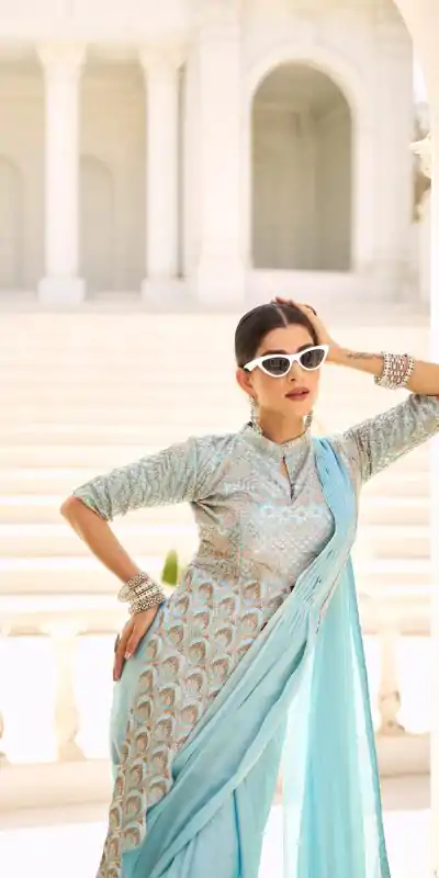 ST 1103 Sky Blue Color Chinon Embroidery Work Lace Border Saree Casual, Wedding, Festive, Events . Expected Delivery  4-6 Working Days @2099/- only                                                                                                                                           | Bollywood Sarees, Creative Sarees, Designer Sarees, Embroidered Sarees, Ethnic Saree, Modern Digital sarees, Party Wear Sarees, Sarees