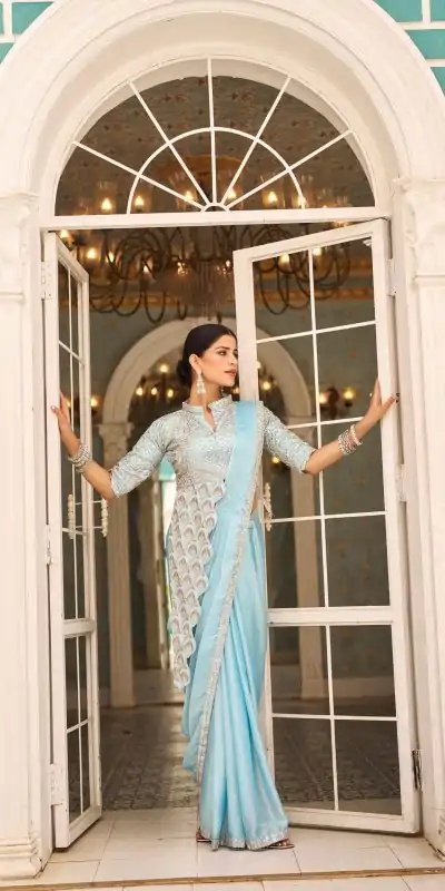 ST 1103 Sky Blue Color Chinon Embroidery Work Lace Border Saree Casual, Wedding, Festive, Events . Expected Delivery  4-6 Working Days @2099/- only                                                                                                                                           | Bollywood Sarees, Creative Sarees, Designer Sarees, Embroidered Sarees, Ethnic Saree, Modern Digital sarees, Party Wear Sarees, Sarees