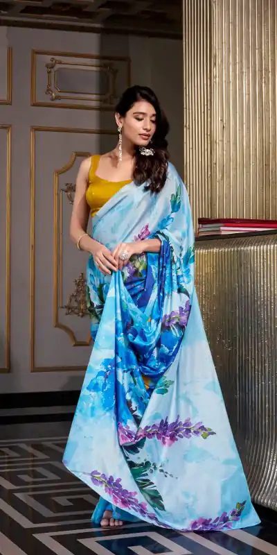 YNF 7026 Sky Blue Color Satin Silk Printed Saree Casual, Wedding, Festive, Events . Expected Delivery  4-6 Working Days @1599/- only                                                                                                                                           | Bollywood Sarees, Creative Sarees, Designer Sarees, Embroidered Sarees, Ethnic Saree, Modern Digital sarees, Party Wear Sarees, Sarees