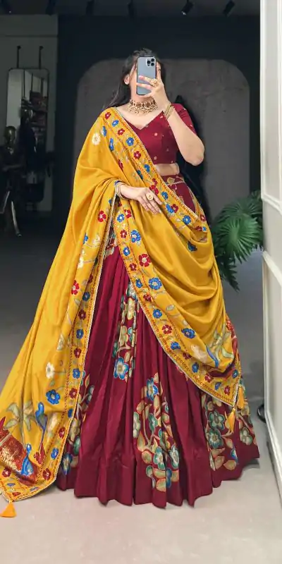 LNB 1239 Maroon Color Tushar Silk Printed Foil Work Lehenga Choli Casual, Wedding, Party, Festive, Events Etc.4-6 Working Days@ 2249/-only | Bollywood Lehenga, Creative Lehenga, Designer Lehenga, Embroidered Lehenga, Lehenga, Party Wear Lehenga