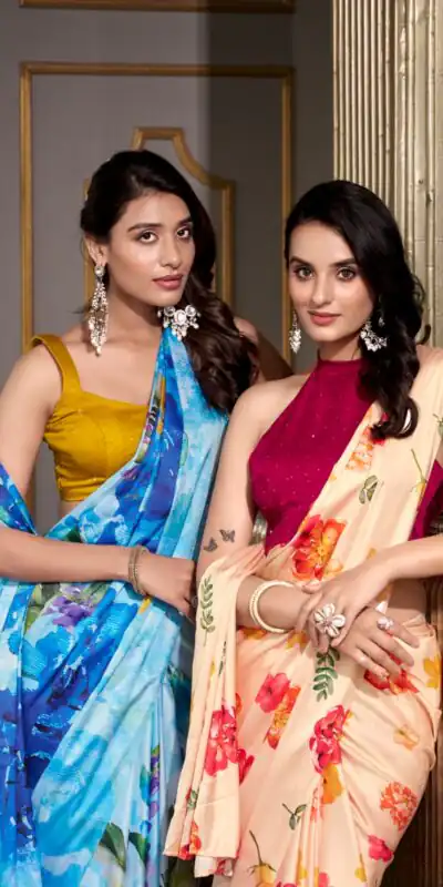 YNF 7026 Cream Color Satin Silk Printed Saree Casual, Wedding, Festive, Events . Expected Delivery  4-6 Working Days @1599/- only                                                                                                                                           | Bollywood Sarees, Creative Sarees, Designer Sarees, Embroidered Sarees, Ethnic Saree, Modern Digital sarees, Party Wear Sarees, Sarees