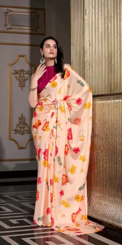 YNF 7026 Cream Color Satin Silk Printed Saree Casual, Wedding, Festive, Events . Expected Delivery  4-6 Working Days @1599/- only                                                                                                                                           | Bollywood Sarees, Creative Sarees, Designer Sarees, Embroidered Sarees, Ethnic Saree, Modern Digital sarees, Party Wear Sarees, Sarees