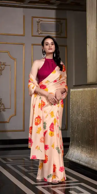 YNF 7026 Cream Color Satin Silk Printed Saree Casual, Wedding, Festive, Events . Expected Delivery  4-6 Working Days @1599/- only                                                                                                                                           | Bollywood Sarees, Creative Sarees, Designer Sarees, Embroidered Sarees, Ethnic Saree, Modern Digital sarees, Party Wear Sarees, Sarees