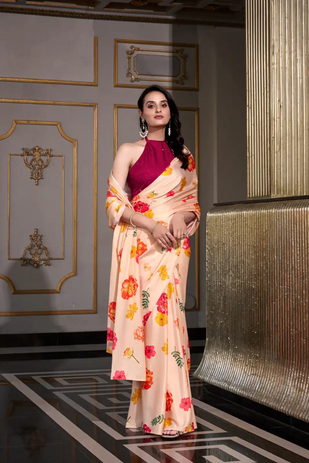 YNF 7026 Cream Color Satin Silk Printed Saree Casual, Wedding, Festive, Events . Expected Delivery  4-6 Working Days @1599/- only                                                                                                                                           | Bollywood Sarees, Creative Sarees, Designer Sarees, Embroidered Sarees, Ethnic Saree, Modern Digital sarees, Party Wear Sarees, Sarees