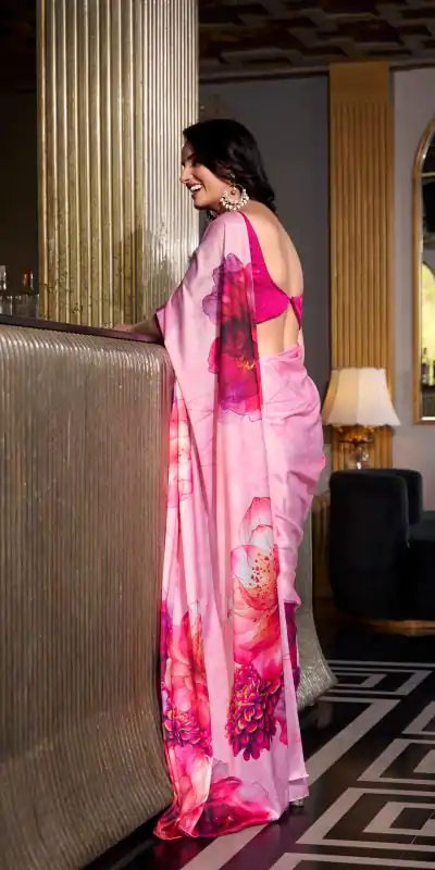YNF 7026 Pink Color Satin Silk Printed Saree Casual, Wedding, Festive, Events . Expected Delivery 4-6 Working Days @1599/- only | Bollywood Sarees, Creative Sarees, Designer Sarees, Embroidered Sarees, Ethnic Saree, Modern Digital sarees, Party Wear Sarees, Sarees