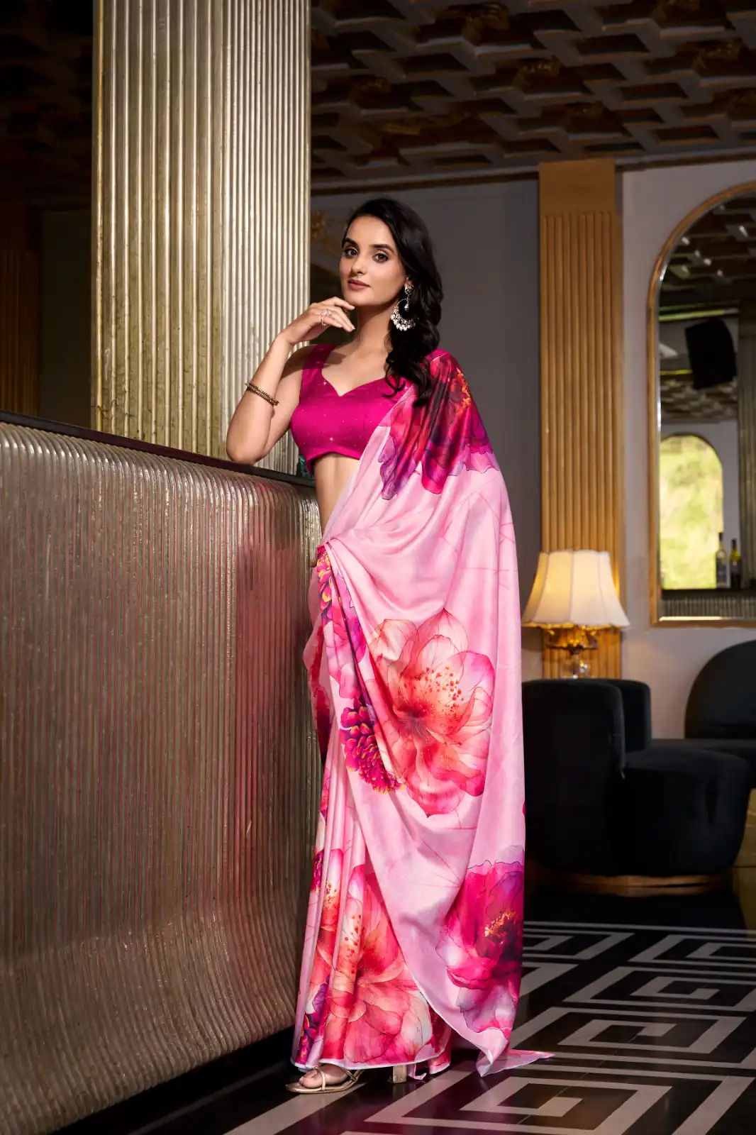 YNF 7026 Pink Color Satin Silk Printed Saree Casual, Wedding, Festive, Events . Expected Delivery  4-6 Working Days @1599/- only                                                                                                                                           | Bollywood Sarees, Creative Sarees, Designer Sarees, Embroidered Sarees, Ethnic Saree, Modern Digital sarees, Party Wear Sarees, Sarees