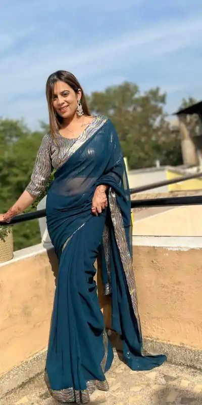 JR 579 Peacock Blue Color Georgette Sequence Work Lace With Peiping Saree Casual, Wedding, Festive, Events . Expected Delivery  4-6 Working Days @1649/- only                                                                                                                                             | Bollywood Sarees, Creative Sarees, Designer Sarees, Embroidered Sarees, Ethnic Saree, Modern Digital sarees, Party Wear Sarees, Sarees
