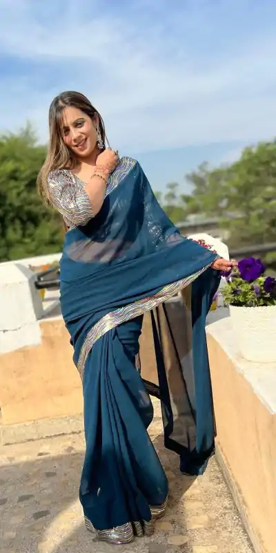 JR 579 Peacock Blue Color Georgette Sequence Work Lace With Peiping Saree Casual, Wedding, Festive, Events . Expected Delivery  4-6 Working Days @1649/- only                                                                                                                                             | Bollywood Sarees, Creative Sarees, Designer Sarees, Embroidered Sarees, Ethnic Saree, Modern Digital sarees, Party Wear Sarees, Sarees
