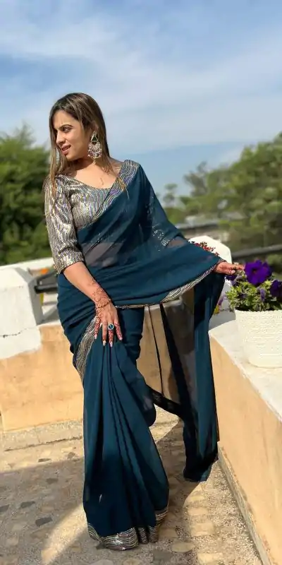 JR 579 Peacock Blue Color Georgette Sequence Work Lace With Peiping Saree Casual, Wedding, Festive, Events . Expected Delivery  4-6 Working Days @1649/- only                                                                                                                                             | Bollywood Sarees, Creative Sarees, Designer Sarees, Embroidered Sarees, Ethnic Saree, Modern Digital sarees, Party Wear Sarees, Sarees