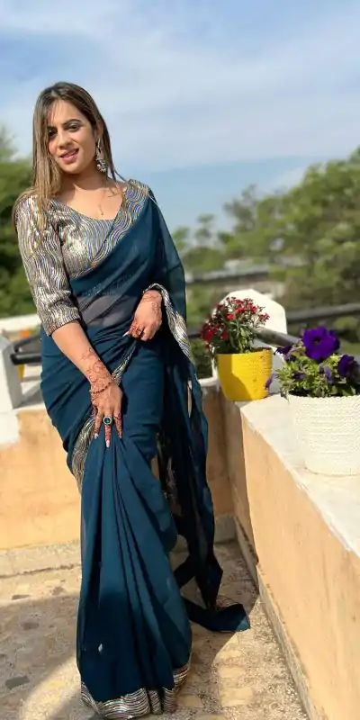 JR 579 Peacock Blue Color Georgette Sequence Work Lace With Peiping Saree Casual, Wedding, Festive, Events . Expected Delivery  4-6 Working Days @1649/- only                                                                                                                                             | Bollywood Sarees, Creative Sarees, Designer Sarees, Embroidered Sarees, Ethnic Saree, Modern Digital sarees, Party Wear Sarees, Sarees