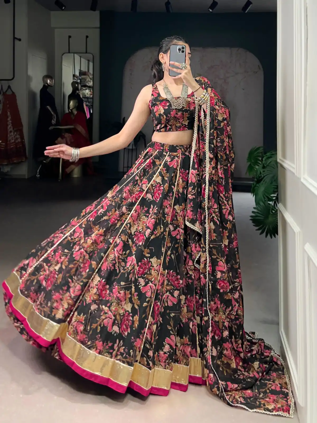 LNB 1672 Black Color Chiffon Floral Print Foil Print Embossed Design Lehenga Choli Wedding, Party, Festive, Events Etc. Delivery 4-6 Working Days Rs 3499 | Bollywood Lehenga, Creative Lehenga, Designer Lehenga, Embroidered Lehenga, Lehenga, Party Wear Lehenga