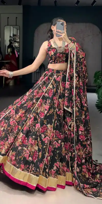 LNB 1672 Black Color Chiffon Floral Print Foil Print Embossed Design Lehenga Choli Wedding, Party, Festive, Events Etc. Delivery 4-6 Working Days Rs 3499 | Bollywood Lehenga, Creative Lehenga, Designer Lehenga, Embroidered Lehenga, Lehenga, Party Wear Lehenga