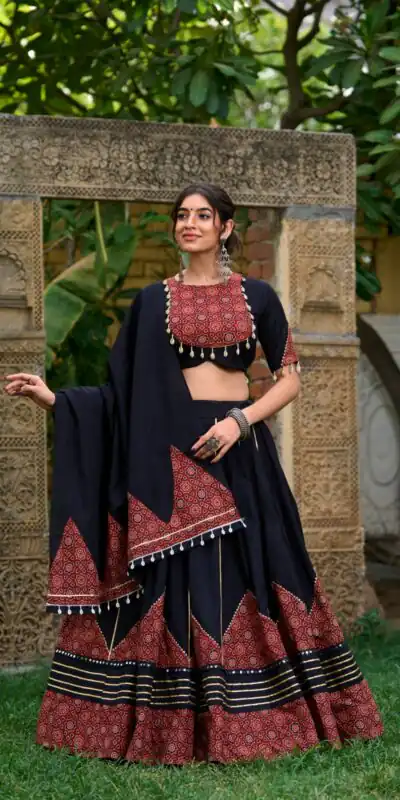 LNB 1671 Black Color Pure Cotton Plain Printed Mirror Work Gota Patti Lehenga Choli Wedding, Party, Festive, Events Etc. Delivery 4-6 Working Days Rs 3999 | Bollywood Lehenga, Creative Lehenga, Designer Lehenga, Embroidered Lehenga, Lehenga, Party Wear Lehenga