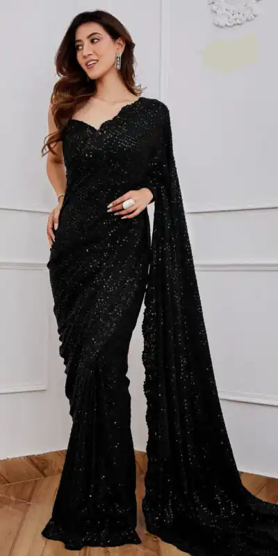 DF 3312 Black Color Faux Georgette 5mm Sequence Embroidery Work Saree Casual, Wedding, Festive, Events . Expected Delivery  4-6 Working Days @1899/- only                                                 | Bollywood Sarees, Creative Sarees, Designer Sarees, Embroidered Sarees, Ethnic Saree, Modern Digital sarees, Party Wear Sarees, Sarees