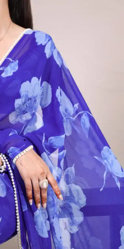 YNF 7011 Blue Color Chiffon Foral Printed Pearl Lace Border Saree Casual, Wedding, Festive, Events . Expected Delivery  4-6 Working Days @1499/- only                                                                                | Bollywood Sarees, Creative Sarees, Designer Sarees, Embroidered Sarees, Ethnic Saree, Modern Digital sarees, Party Wear Sarees, Sarees