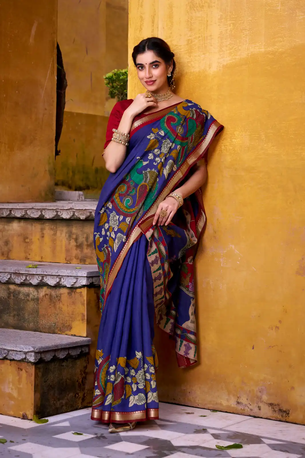 YNF 7048 Blue Color Polyester Chanderi Kalamkari Weaving Work Saree Casual, Wedding, Festive, Events . Expected Delivery  4-6 Working Days @1499/- only                                | Bollywood Sarees, Creative Sarees, Designer Sarees, Embroidered Sarees, Ethnic Saree, Modern Digital sarees, Party Wear Sarees, Sarees