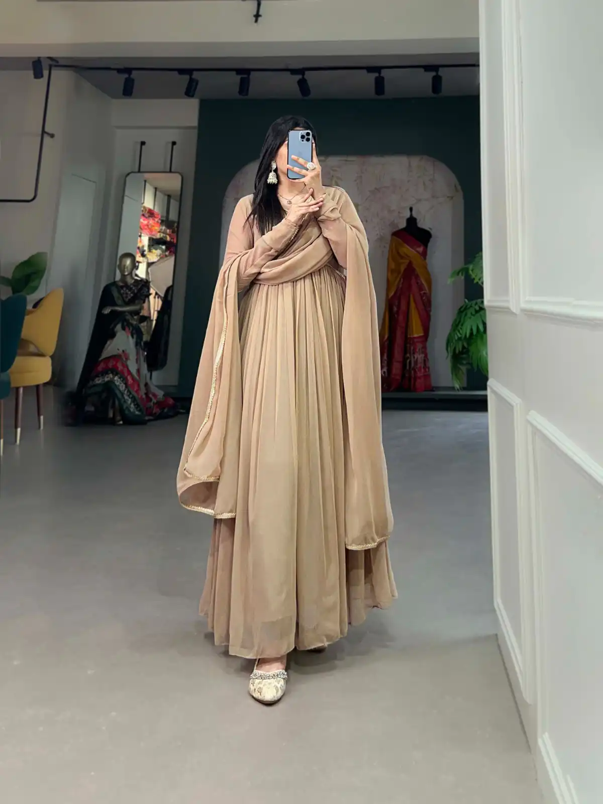 YNF 5102 Chiku Color Georgette Plain Sequins Embroidery Lace Gown Casual, Wedding, Festive, Events . Expected Delivery  4-6 Working Days @1749/- only      | Bollywood Gowns, Creative Gowns, Designer Gowns, Embroidered Gowns, Gowns, Party Wear Gowns