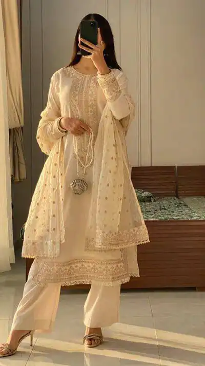 LG 1913 Cream Color Roman Silk Sequence Embroidery Work Salwar Suit Casual, Wedding, Festive, Events . Expected Delivery  4-6 Working Days @1999/- only      | Jump Suits, Casual Suits, Creative suits, Designer Suits, Palazzo Suits, Party Wear Suits, Patiala Suits, Salwar suit, Straight Suits