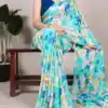 YNF 7017 Firozi Color Dull Satin Floral Printed Saree Casual, Wedding, Festive, Events . Expected Delivery  4-6 Working Days @1499/- only                                                                                | Bollywood Sarees, Creative Sarees, Designer Sarees, Embroidered Sarees, Ethnic Saree, Modern Digital sarees, Party Wear Sarees, Sarees