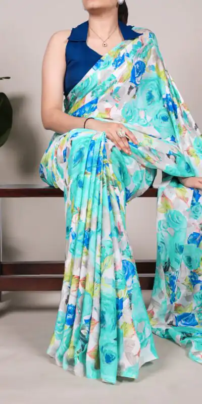 YNF 7017 Firozi Color Dull Satin Floral Printed Saree Casual, Wedding, Festive, Events . Expected Delivery  4-6 Working Days @1499/- only                                                                                | Bollywood Sarees, Creative Sarees, Designer Sarees, Embroidered Sarees, Ethnic Saree, Modern Digital sarees, Party Wear Sarees, Sarees