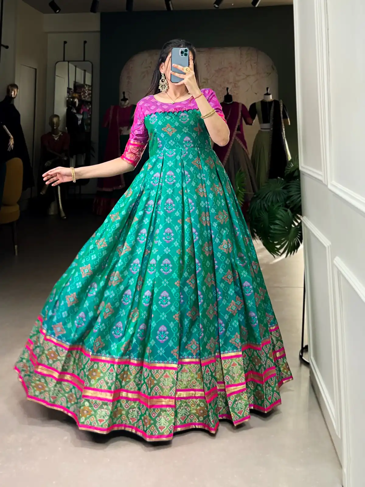 YNF 5308 Firozi Color Jacquard Silk Patola Print Zari Weaving Work Gown Casual, Wedding, Festive, Events . Expected Delivery  4-6 Working Days @2149/- only      | Bollywood Gowns, Creative Gowns, Designer Gowns, Embroidered Gowns, Gowns, Party Wear Gowns