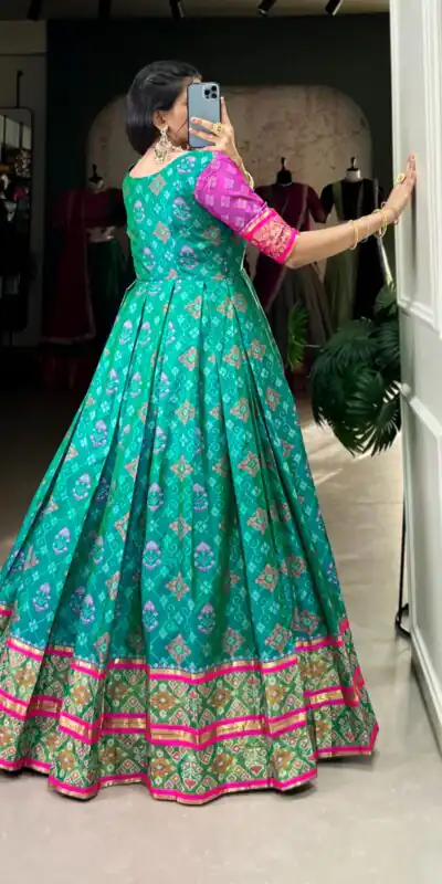 YNF 5308 Firozi Color Jacquard Silk Patola Print Zari Weaving Work Gown Casual, Wedding, Festive, Events . Expected Delivery  4-6 Working Days @2149/- only      | Bollywood Gowns, Creative Gowns, Designer Gowns, Embroidered Gowns, Gowns, Party Wear Gowns