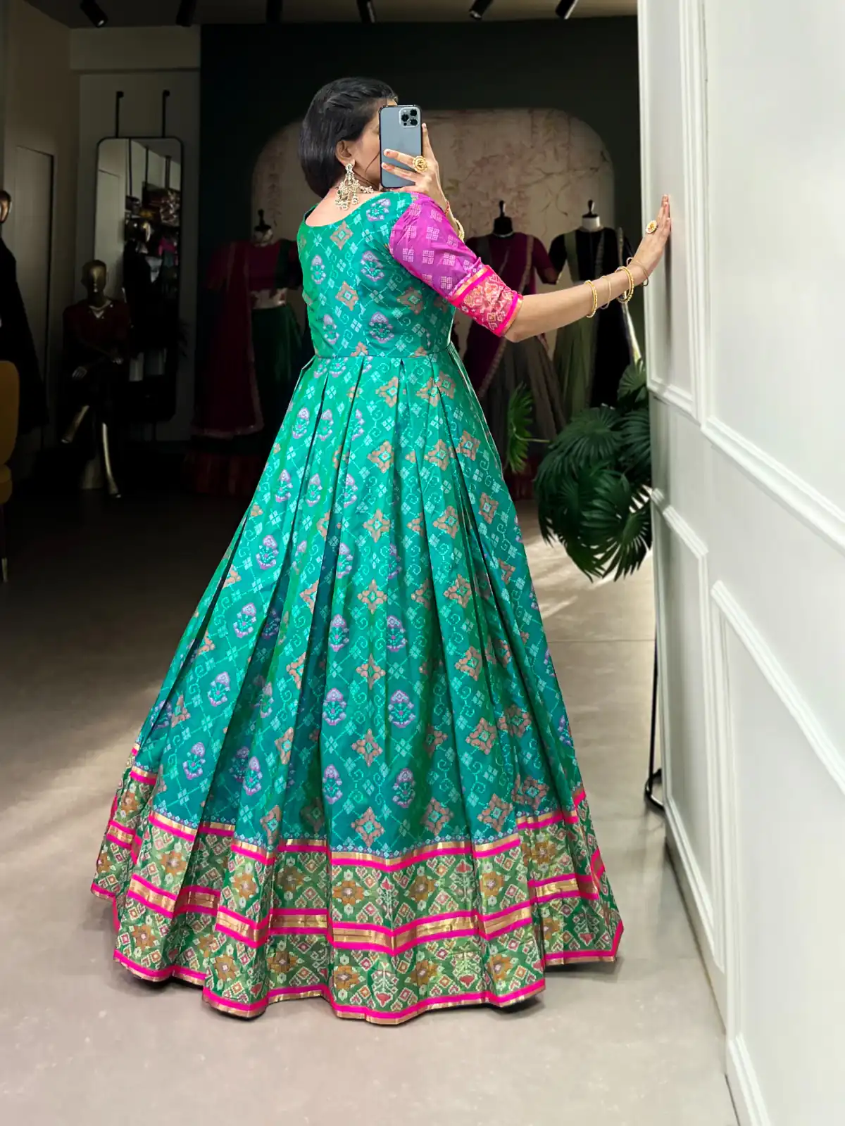 YNF 5308 Firozi Color Jacquard Silk Patola Print Zari Weaving Work Gown Casual, Wedding, Festive, Events . Expected Delivery  4-6 Working Days @2149/- only      | Bollywood Gowns, Creative Gowns, Designer Gowns, Embroidered Gowns, Gowns, Party Wear Gowns