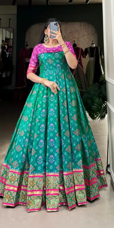 YNF 5308 Firozi Color Jacquard Silk Patola Print Zari Weaving Work Gown Casual, Wedding, Festive, Events . Expected Delivery  4-6 Working Days @2149/- only      | Bollywood Gowns, Creative Gowns, Designer Gowns, Embroidered Gowns, Gowns, Party Wear Gowns
