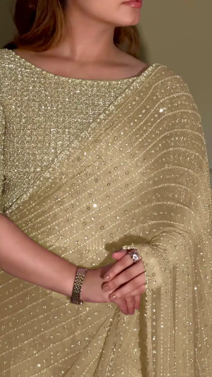 YNF 3452 Gold -DF 3452 Color Georgette Sequins Multy Embroidery Work Saree Casual, Wedding, Festive, Events . Expected Delivery  4-6 Working Days @1799/-                                                                                 | Bollywood Sarees, Creative Sarees, Designer Sarees, Embroidered Sarees, Ethnic Saree, Modern Digital sarees, Party Wear Sarees, Sarees