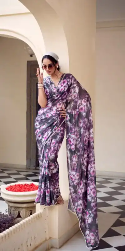 YNF 7042 Gray Color Weightless Marbal Floral Printed Lace Border Saree Casual, Wedding, Festive, Events . Expected Delivery  4-6 Working Days @1549/- only                                                                                | Bollywood Sarees, Creative Sarees, Designer Sarees, Embroidered Sarees, Ethnic Saree, Modern Digital sarees, Party Wear Sarees, Sarees
