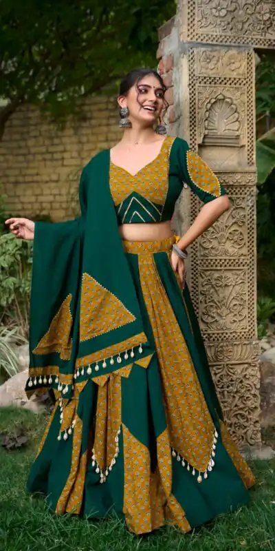 LNB 1620 Green Color Pure Cotton Plain Printed With Cowrie Lace Lehenga Choli Wedding, Party, Festive, Events Etc. Delivery 4-6 Working Days Rs 3699 | Bollywood Lehenga, Creative Lehenga, Designer Lehenga, Embroidered Lehenga, Lehenga, Party Wear Lehenga