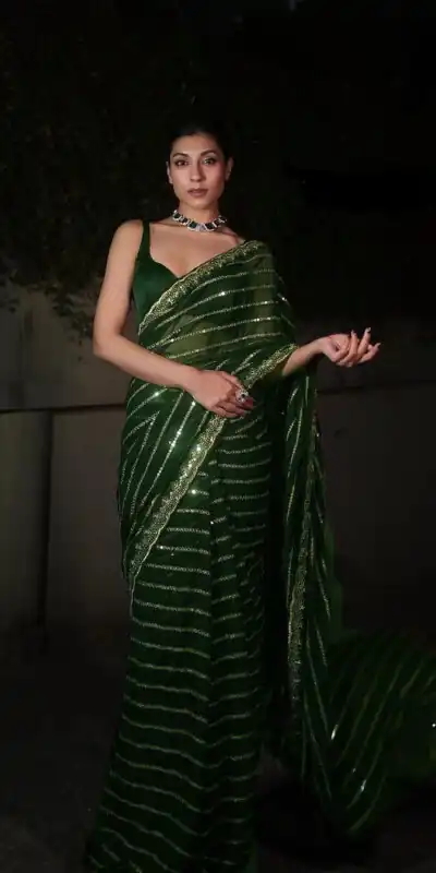 DF 3393 Green Color Georgette 5MM Sequins Embroidery Work Saree Casual, Wedding, Festive, Events . Expected Delivery  4-6 Working Days @1799/- only                                                 | Bollywood Sarees, Creative Sarees, Designer Sarees, Embroidered Sarees, Ethnic Saree, Modern Digital sarees, Party Wear Sarees, Sarees