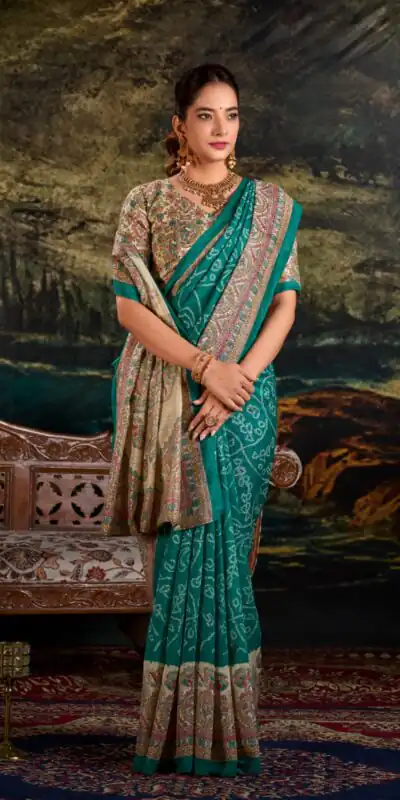 YNF 7209 Green Color Green Silk Fusion Print Madhubani Bandhej Saree Casual, Wedding, Festive, Events . Expected Delivery  4-6 Working Days @1499/- only                                                                                | Bollywood Sarees, Creative Sarees, Designer Sarees, Embroidered Sarees, Ethnic Saree, Modern Digital sarees, Party Wear Sarees, Sarees
